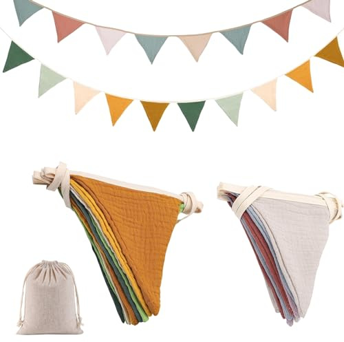 Sunshinestar 2 Stück Wimpelkette Stoff Musselin Outdoor Wetterfest 2.6m, Wimpelkette mit Jutesäckchen Baumwolle,Wimpelkett für Hausbett, Kinderzimmer Geburtstag Wanddeko Geschenk