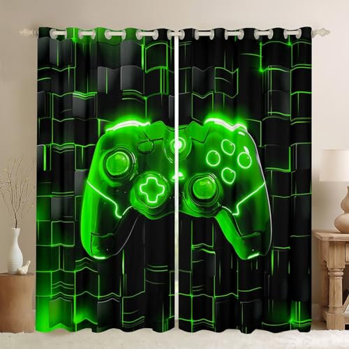 Manfei Kids Gaming Window Curtains Green Grid Videogame Console Window Drapes for Boys Teens Room Decor, Gamer Controller Window Treatments, Grommet Top 2 Panel Set Bedroom Curtains, 46Wx72L inch