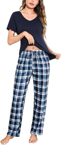 Bresdk Pyjama Femme Ete Coton Bas de Pyjama à Carreaux et Haut à Manches Courtes Confortable Doux Respirant