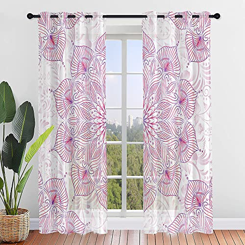 Odot 2er Set Voile Vorhänge Sheer Vorhang mit Ösen, 3D Buntes Mandala-Totem Druck Transparent Gardinen Ösenschal für Wohnzimmer, Schlafzimmer, Sonnenlichtfilterung (107x160cm,Hell-Pink)