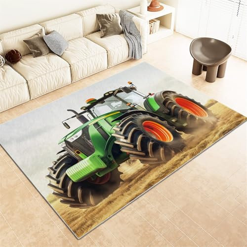 Teppich Wohnzimmer Waschbarer Kurzflor Teppiche 60x90 cm, GrüN Traktor Landwirtschaft rutschfest Teppich, Helle Farbe Weiche Flauschiger Groß Teppich für Schlafzimmer, Esszimmer Teppich