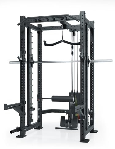 ATLETICA R8 Commander | Power Rack | Inklusive Smith Machine und Latzug-Anbau mit 125kg Gewichtsblock | Weight Stack | Ergo Latzuggriff | Leg Blocker | J-Hooks und Safety Spotter
