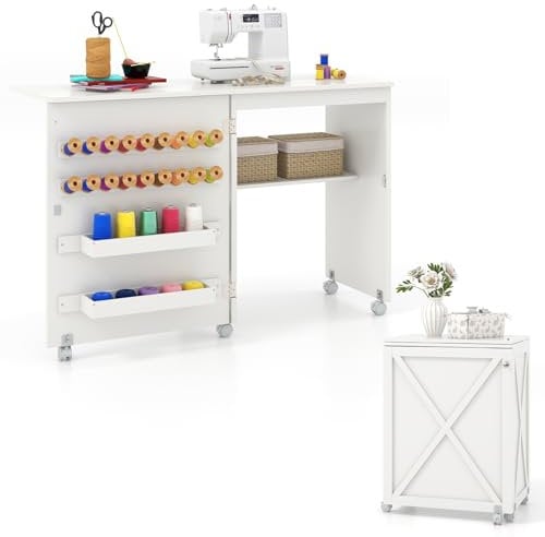 COSTWAY Folding Sewing Table, Rolling Craft Table Hobby Desk with Storage Shelves, 18 Pegs and Lockable Wheels, Barn-Door Drop Leaf Sewing Machine Table Cabinet Computer Desk Workstation (White)