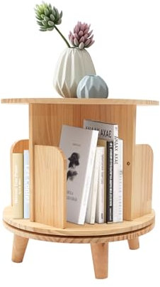 Tyvotrend Massivholz Drehbares Bücherregal, Mobiles Standregal mit 360 Grad Display, Multifunktionales Lagerregal mit Tischfuß und 4 Fächer, Holzregal Drehregal für Büchern