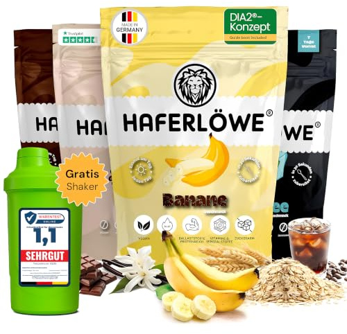 Haferlöwe Haferkur 28 Tage Starter Set, Hafertage in 4 Geschmacksrichtungen | Inkl. Gratis Shaker und Leitfaden | Protein Shake | Leckerer Diät Hafershake | DIA2® Ernährung