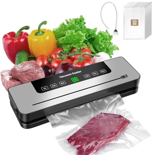 kswiown Vakuumiergerät mit 30 Stück Vakuumierbeuteln, Stark Vakuumierer mit 6 Modi, Vollautomatisches Trocken-/Feucht-Versiegelungsgerät mit Beutelschneider, Vakuumschlauch (65 KPA)