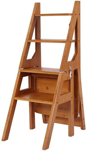 Échelle portable en bois, chaise, tabouret, escabeau, chaise d'échelle pliante à 4 niveaux, présentoir de grande capacité et étagère de rangement pour la maison, la bibliothèque, la cuisine,Marron