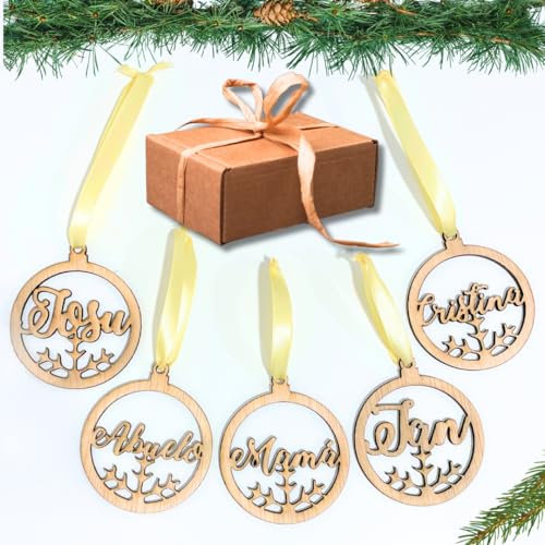 Bolas Navidad Personalizadas de Madera - Adornos Navidad Personalizados Familia - Ideas Regalos para Decoración Navideña - Bola Personalizada y Estrella para Arbol