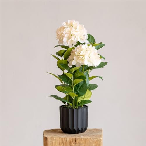 Avoeco Grande ortensia finta in vaso, pianta di ortensia artificiale realistica al tatto, per decorazione interna ed esterna, perfetta per ingressi e centrotavola (bianco, 58 cm)