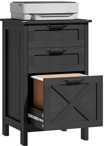 HOMCOM 3 Drawer File Cabinet with Silent Slides, Vertical Filing Cabinet for Hanging A4/Letter Size, Rustic Farmhouse Printer Stand with Storage for Home Office, Distressed Black