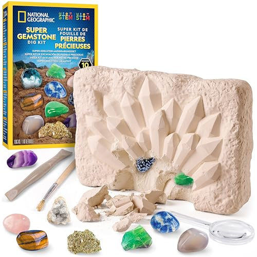 NATIONAL Geographic Super Edelstein Ausgrabungsset - 10 echte Edelsteine, Grabwerkzeuge & Vergrößerungsglas, Wissenschaftskits für Kinder 8-12, Kristalle