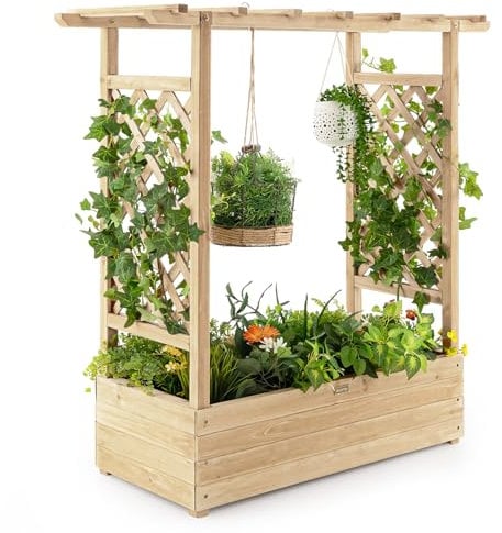COSTWAY Jardinière avec 2 Treillis Latéraux Toit Suspendu en Bois de Sapin avec Trou de Drainage, Lit de Jardin pour Plante Grimpante Résistance aux Intempéries, Naturel (110 x 44 x 113,5 cm)