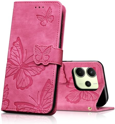 CXTcase Handyhülle für Xiaomi Redmi Note 14 4G Hülle,Rosenrot | Schutzhülle Flip Case PU Leder Magnetische Schmetterlings Lederhülle Tasche für Xiaomi Redmi Note 14 4G
