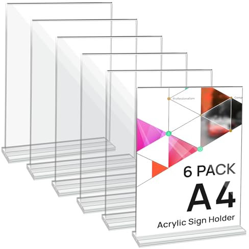 JEFURE Lot de 6 Porte-affiches en Acrylique A4, Présentoir de Table en Acrylique, en Forme de T Porte Document, Porte Menu, Presentoir pour Bureau, Magasin, Restaurant