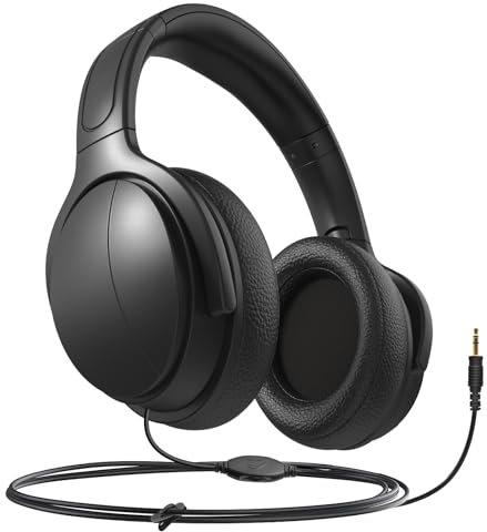 YUEBAITU Auriculares de cable largo con cable para TV con control de volumen, auriculares sobre la oreja para personas mayores con cable extralargo, audio AUX universal de 3.5 mm (9.8 pies)