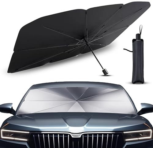 Parasol Paraguas Coche 140 cm x 80 cm. Parasol Coche Delantero de Poliéster, Protector Solar de SUV y Camión, Plegable con Revestimiento de Titanio, Resiste a los Rayos UV