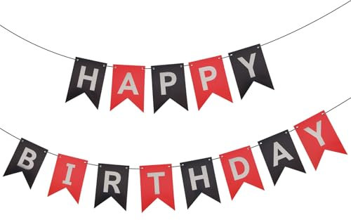 Gosknor Letrero de Feliz Cumpleaños, Decoración Cumpleaños en Rojo y Negro Estampado en Caliente Plateado Bandera Cola Pez Decoración de Fiesta para Niños Niñas Hombres y Mujeres