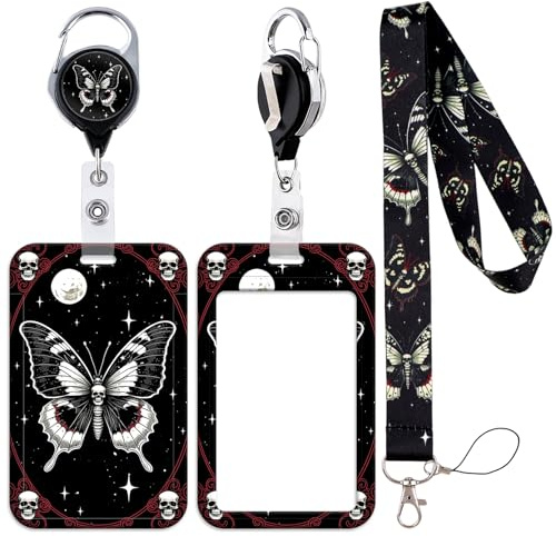 Ausziehbarer Schlüsselhalter im Gothic-Stil, für Ausweis, cooler Mondschädel, Ausweishalter mit Spulenclip, Schiebekarten-Abdeckung für Arbeitsnamenschild, Schwarz