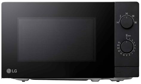 LG MS2082F Solo-Mikrowelle mit 700 W, 20 L Kapazität, 439 mm Breite. Intuitive Doppel-Drehregler, helle LED-Innenbeleuchtung, Auftaufunktion, minimalistisches Design mit Vollglastür, Schwarz.