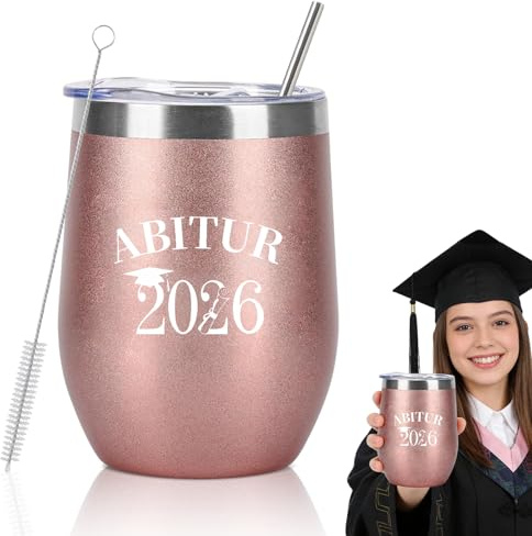 Abitur Geschenke 2026 Mädchen - Thermobecher Roségold - Abi Geschenk & Schulabschluss für Beste Freundin - Tasse, Weinglas & Kaffeebecher To Go - Glücksbringer Prüfung