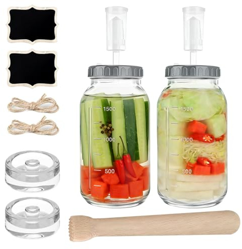 PEEXTBB Juego de 2 Vasos de Fermentación de 2 l, 2 Piezas Tarro de Fermentación con Cierre de Aire y Pilón de Madera, kéfir con Tapa y Peso, para Kimchi, Levadura