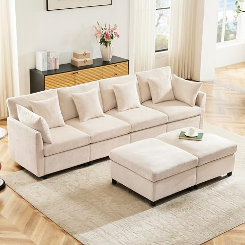 YanguVibes Modulares Ecksofa aus Chenille mit 2 Fußhockern, Eckcouch L- oder U-Form Wohnlandschaft für 4–6 Personen, Polstersofa mit Kissen für Wohnzimmer, 278 × 161 × 81 cm, Beige