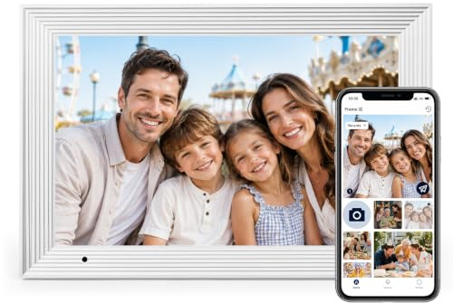 Digitaler Bilderrahmen 32 GB, 10,1″ WiFi Elektronischer Bilderrahmen, Automatisch Drehbarer Digitaler Bilderrahmen, Einfache Sofortige Fernfreigabe von Fotos und Videos über AiMOR (Weiß Gestreift)