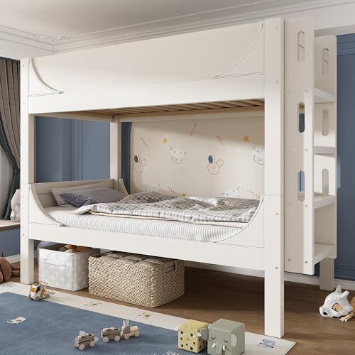 Etagenbett 90x200 Weiß als Hochbett gebautes Bettgestell in Schlittenform mit Flexibler Leiter welches als Einzelbett oder stabiles Bett fungiert für Jugendzimmer Gästezimmer