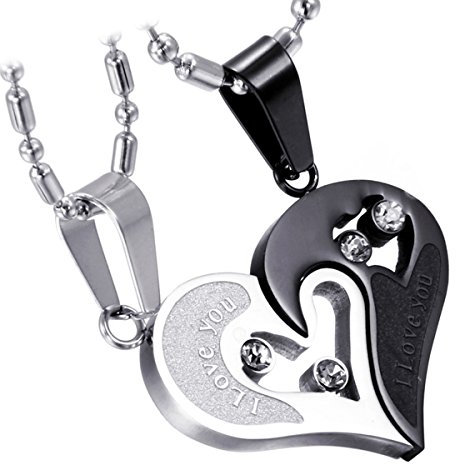 Cupimatch 2-Pieces Men Women Stainless Steel I Love You Heart Rhinestone Puzzle Matching Pendant Couple Necklace Christmas Valentine Gift with 50cm& 55cm Chain (Black)