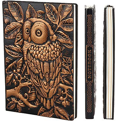 XUAN Vintage Notizbuch A5 liniert, Hardcover Leder 200 Seiten Tagebuch journal Reisetagebuch zum selberschreiben Notizheft Geschenkset für Mädchen Männer Kinder Jungen erwachsene old style 3D eule