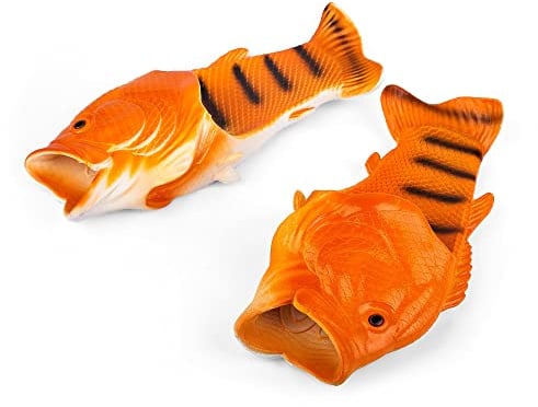 Coddies Fish Flops - The Original Fish Slippers - Funny Gift, Fishing Gift, Unisex Sandals, Flip Flops, Bass Slides, House Shoes (7/8 UK (40/41 EU), Orange)