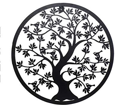 DRW Cadre en métal ajouré Arbre de Vie Noir avec Oiseaux, 40 x 40 x 1 cm