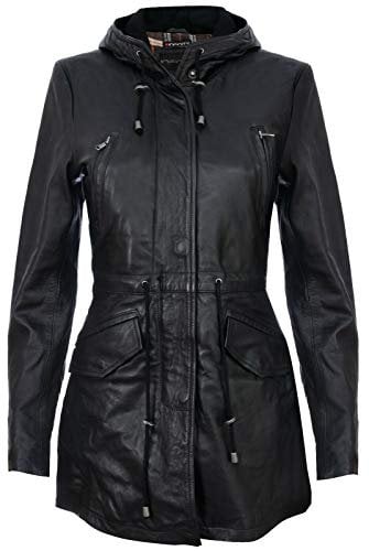 Infinity Leather Parker Jacke Aus Schwarzem Leder Mit Kapuze Und Mehreren Taschen S
