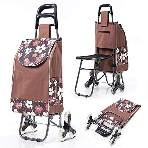 Carrello Spesa Pieghevole Push/Pull Carrello Compatto per Salire Le Scale della Spesa con Sedile Borsa Trolley per La Spesa A 6 Ruote Impermeabile