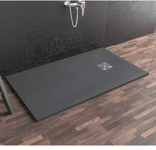 Piatto doccia in marmoresina con piletta di scarico effetto pietra (80 x 100, Nero)