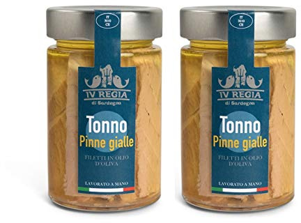 Gelbflossen-Thunfisch filet in Olivenöl IV Regia di Sardegna - 2 Packungen mit 190g - Handgefertigt in Sardinien, Italien - Sardische Handwerksproduktion als Kosher zertifiziert