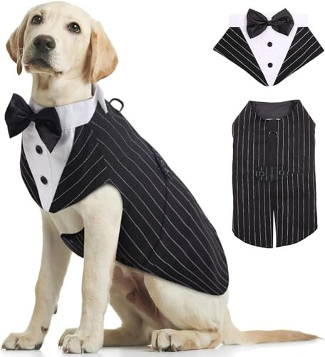 Kuoser Hund Smoking Anzug & Bandana Set, Haustier Fomal Kleidung Hunde Mantel mit Abnehmbarer Fliege, Hundeanzug Welpe Kostüm Shirt für Hochzeit Halloween Geburtstag Party, S-XXL