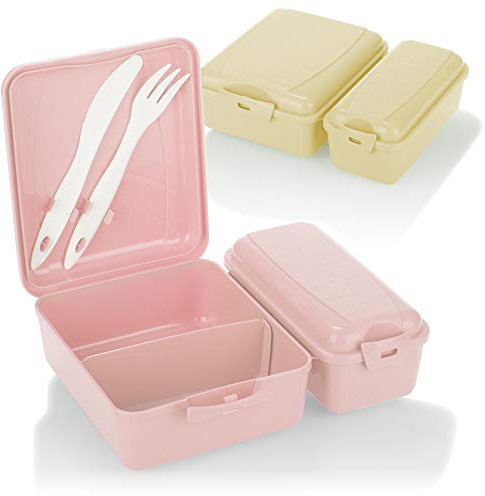 com-four® 2x Lunch-Box mit zwei getrennten Fächern, Aufschnittdose, Brotdose für unterwegs, mit Besteck, Messer und Gabel im Deckel (2 Stück - rosa beige)