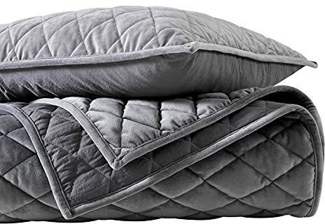 Vera Wang | Diamond Velvet Collection | Steppdecken-Set – weicher und luxuriöser Samt, wendbare & leichte Bettwäsche mit passenden Kissenbezügen, Kingsize, Anthrazit