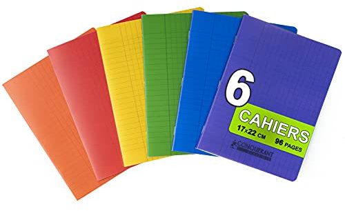 Conquérant Lot de 6 Cahiers 17x22cm Grands Carreaux Seyès 96 Pages Agrafées 90g, Couleurs Assortis