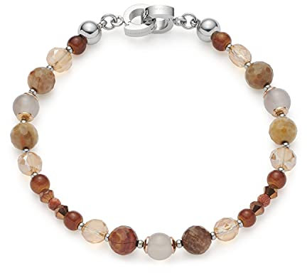 Leonardo Caralina Clip&Mix Armband aus Edelstahl 1 Stück, Perlen-Armband Silber mit Glas-, Achat-und Goldflussperlen beige braun, Damenschmuck, 021540