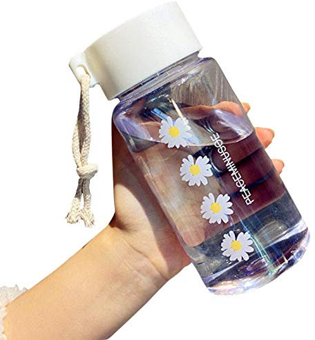 DASNTERED Small Daisy Water Bottles, 500ml Plastic Transparent Frosted Water Bottle, BP-A Free, Portable Reusable Leak-Proof Water Bottle With Rope for School Travel(Clear 4 Flower)