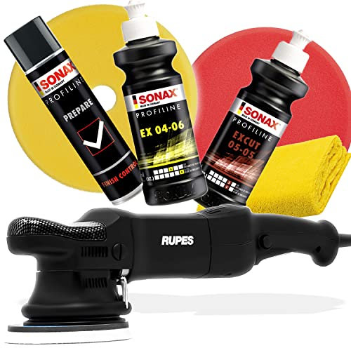 detailmate Polier Set: Rupes Exzenter Poliermaschine LHR15 ES + SONAX ProfiLine Polituren & Prepare Lackreiniger + Polierpads 150mm + 3M Band + Poliertuch - Profi Politur Auto & Motorrad Lack