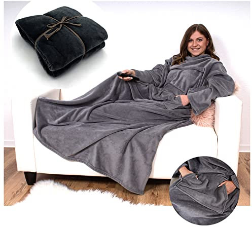heimtexland ® Kuscheldecke Cashmere Feeling Thermodecke TV Decke mit Ärmeln und Tasche Sofadecke Flauschig Weich Wärmend Typ753 Schwarz
