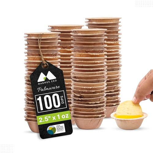 Magnus | 2.5 inch Round Mini Dip Bowls 100 pcs 1Oz | Disposable Bowls for Party | Like Bamboo Bowls | Palm Leaf Bowls for Dips | Compostable Bowls | Picnic Party Bowls Better Than Paper Bowls