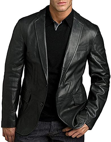 JACKETZONE Herren-Blazerjacke aus echtem Lammleder, schmale Passform, schwarzer Lederblazer für Herren, Schwarz - Lässige Blazerjacke, M