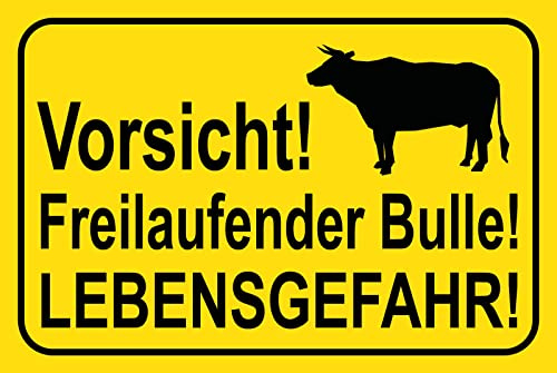 Tin Sign Blechschild 20x30 cm Vorsicht Freilaufender Bulle Lebens Gefahr Tierliebe Spruch Hinweisschild Tafel Wand Deko Bar Kneipe Cafe Sammler Geschenk