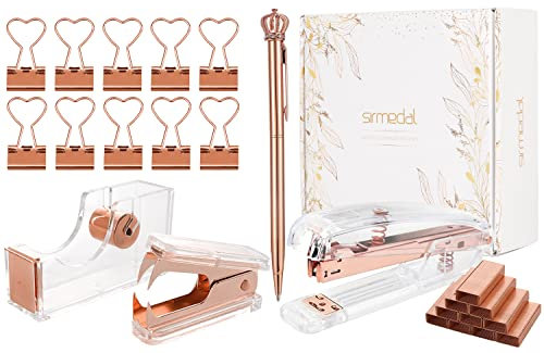 SIRMEDAL Rosegold Niedliches Schreibtisch-Zubehör-Set, Heftgerät, Klebebandspender, Klammerentferner, Kugelschreiber, 10 Binder-Clips und 1000 Heftklammern