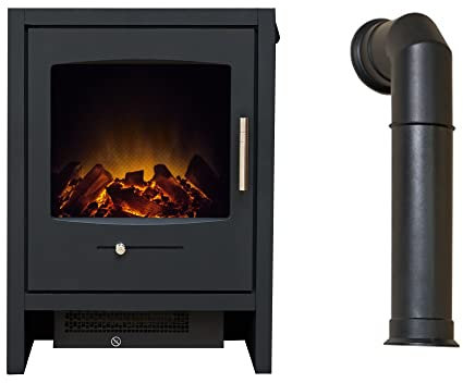 Adam Bergen Electric Stove in Charcoal Grey with Tall Angled Stove Pipe in Black