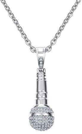 PAMTIER Womens Stainless Steel Dainty Accent Microphone Necklace with Cubic Zirconia Pendant Charm with Chain Silver
